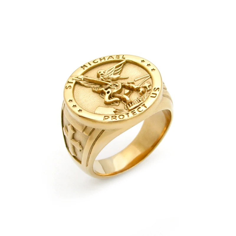 Vintage Stainless Steel Golden Plated Archangel ST.MICHAEL PROTECT US Religious Legend Cross Ring Jewelry