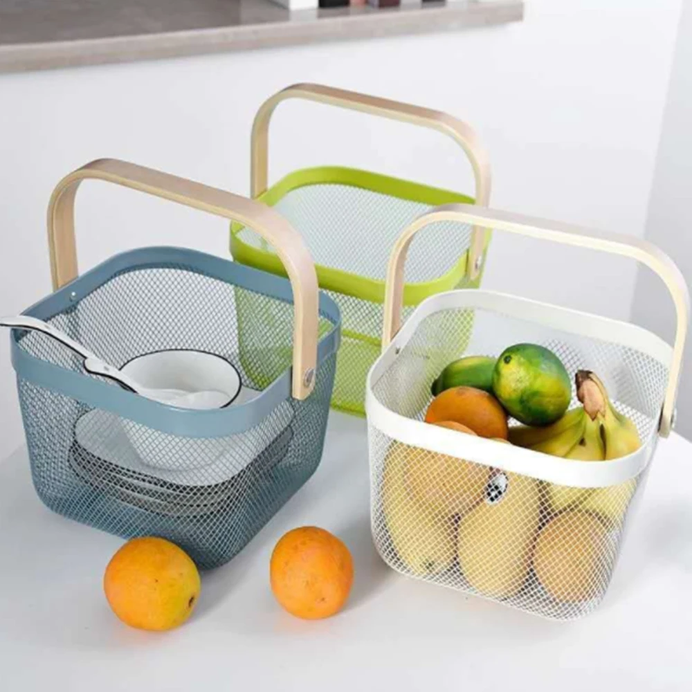 

Hanging Storage Organizer Mesh Steel Fruit Basket Bin with Wood Handle, for Cabinets, Cupboards, Shelves, Bathroom