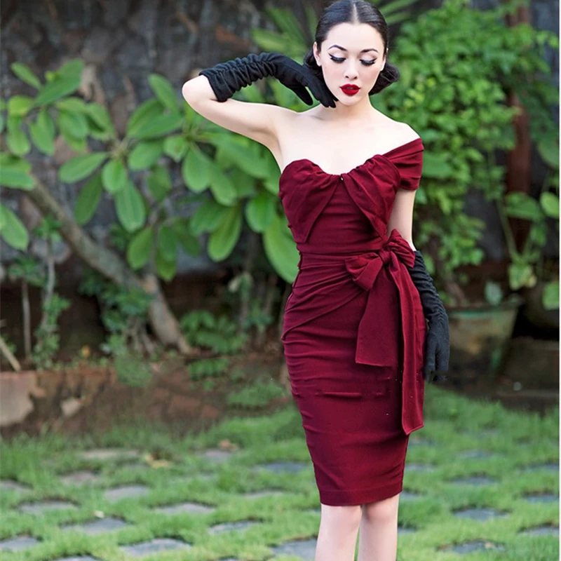 Europe America Vintage Sexy Lady Le Palais Wine Red Irregular Pleated Step Bow Tube Top Dress One Shoulder Tight Fitting Dresses