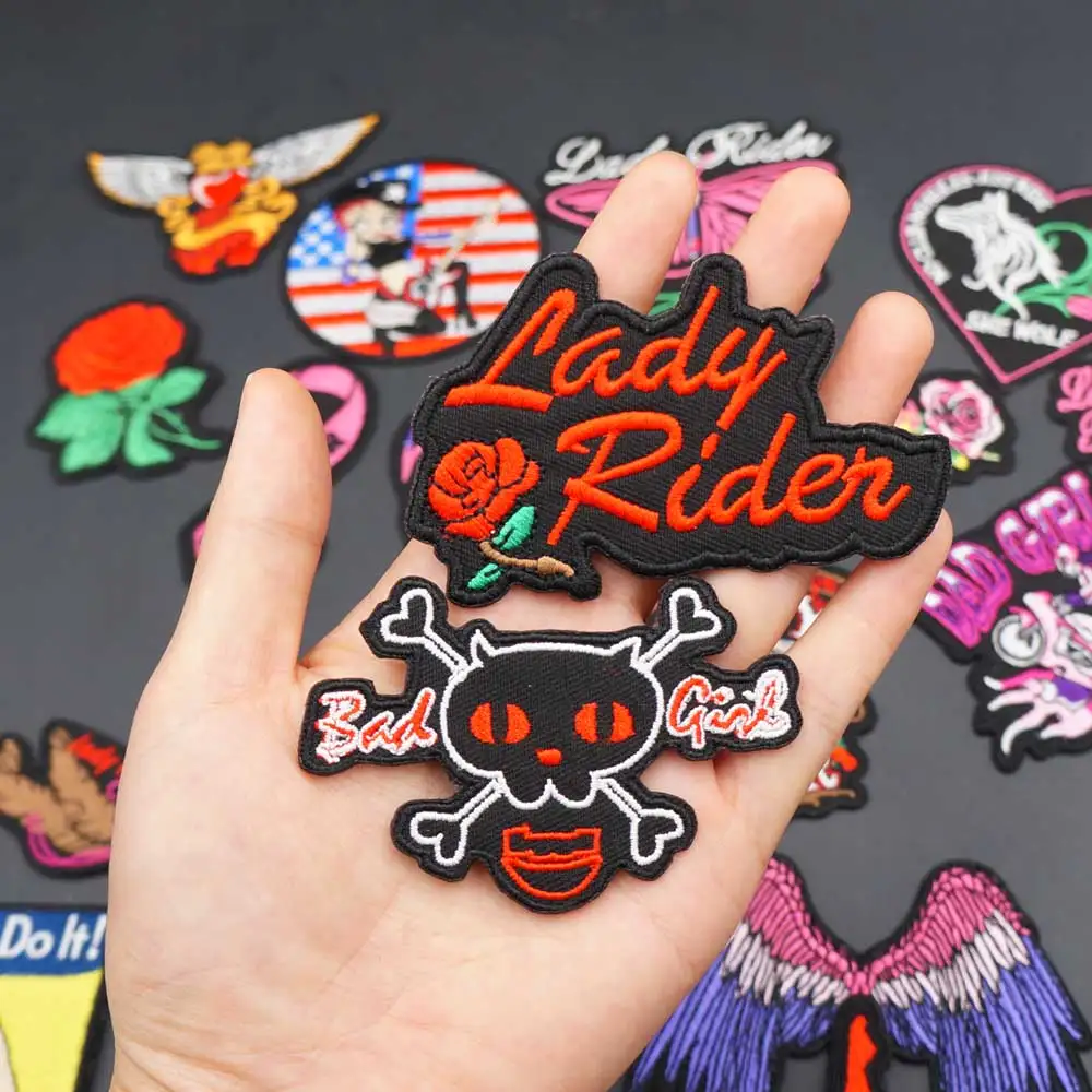 Lady Rider Embroidered Iron on Biker Patches Bad Girl Badge Motorcycle Knight Leather Vest Decoration Accessories  Appliques