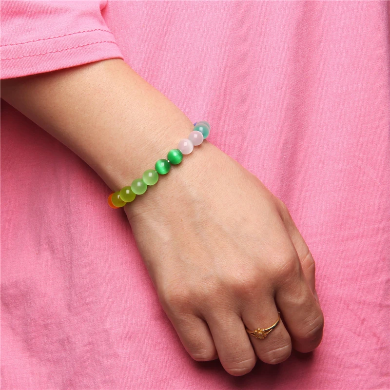 Rainbow 8 mm Cat Eye Stone Beads Bracelets Men Handmade Bracelet For Women Elastic Pulsera Lucky Friendship Party Jewelry Gifts