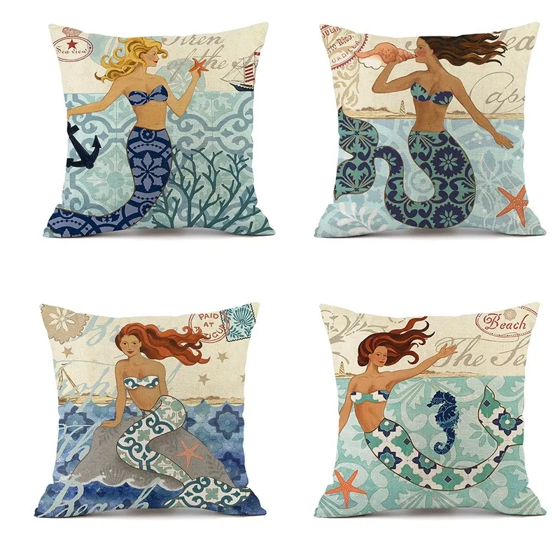 

New Style Ocean Mermaid Linen Pillow Case Sofa Office Car Back Cushion Covers DDD12