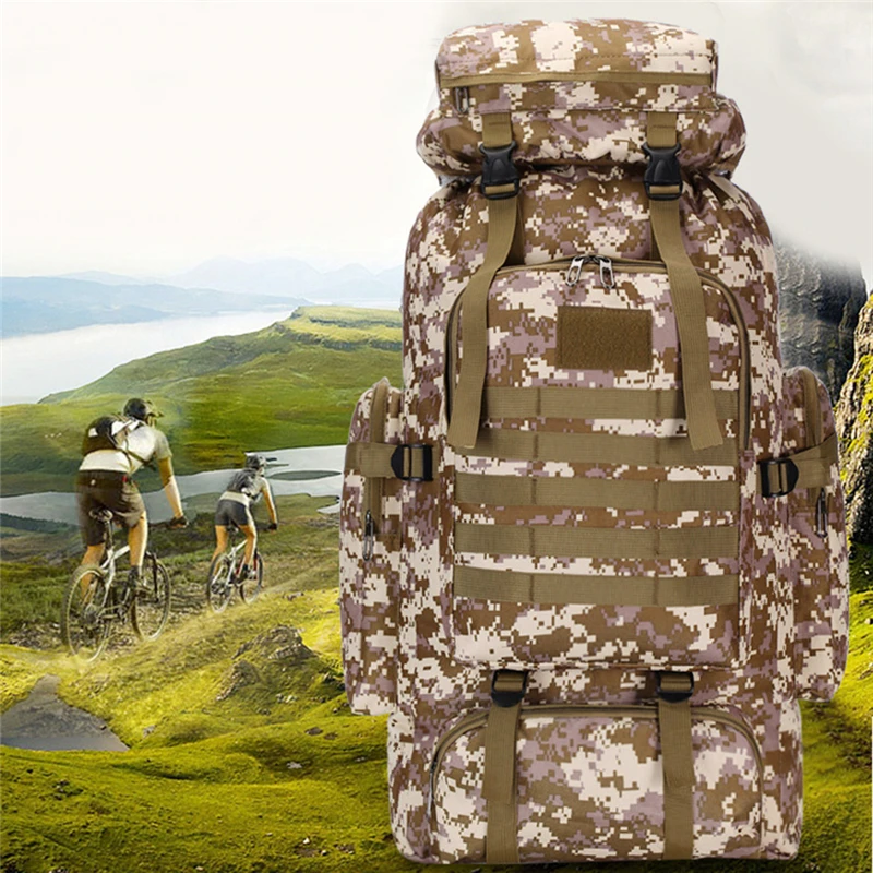 80L Waterproof Molle Camo Tactical Backpack Military Army Hiking Camping Backpack Travel Rucksack Outdoor Sports Climbing Bag