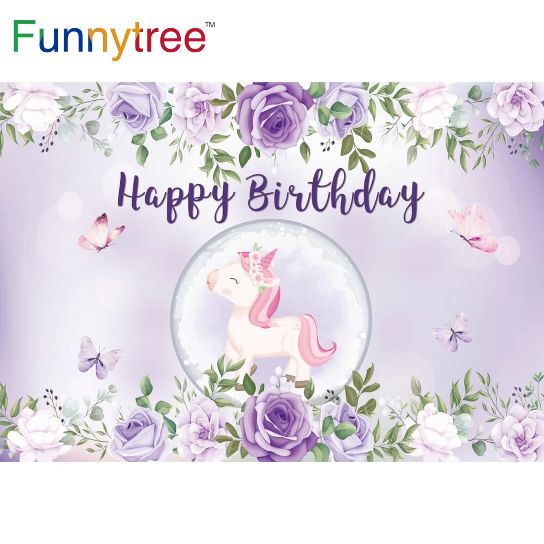 Funnytree Unicorn Backdrop Birthday Photography Background for Girl butterfly Crystal Ball Halo Party Banner Flower Fabric Decor