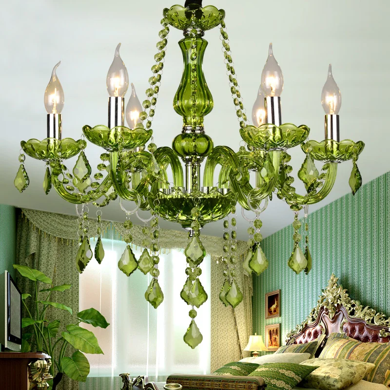 E14 Luxury Crystal Chandelier Green Wedding Parlor Bedroom Villa Suspension Light Hotel Restaurant Cafe Bar Candle Pendant Lamps