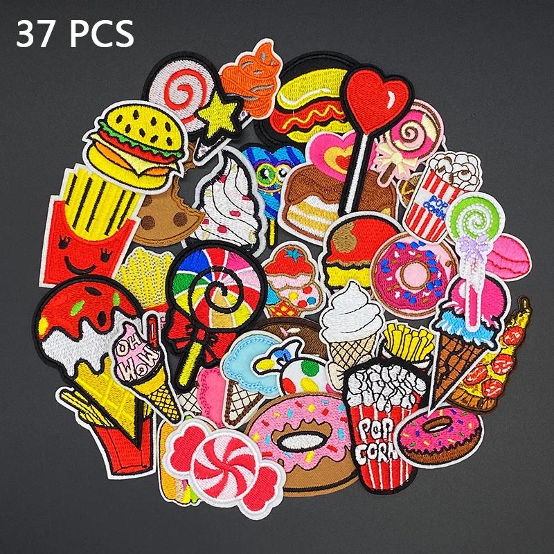 37pcs/lot Cute girls Embroidered Patches for Clothing DIY Cartoon Iron-on to Clothes French fries Cake Badge Stickers Accessory