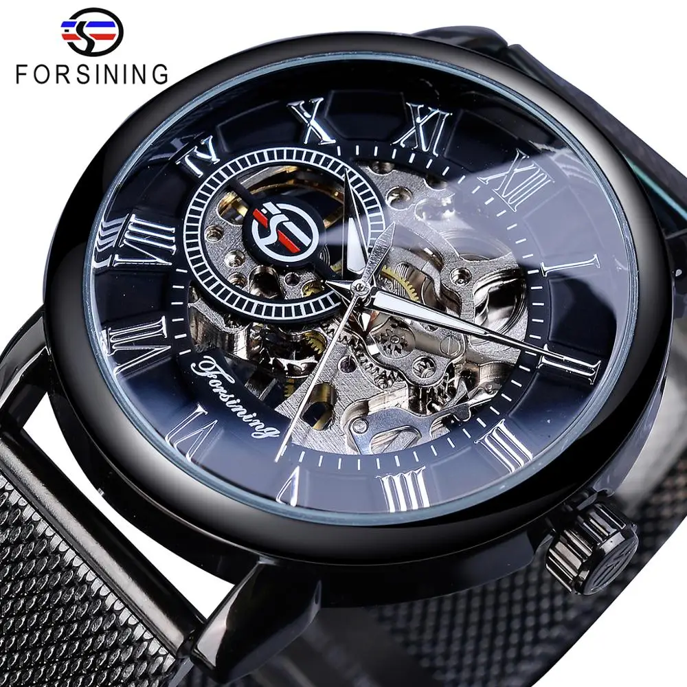 Forsining Retro Fashion Design Skeleton Sport Mechanical Watch Luminous Hands Transparent Mesh Bracelet For Men Top Brand Luxury