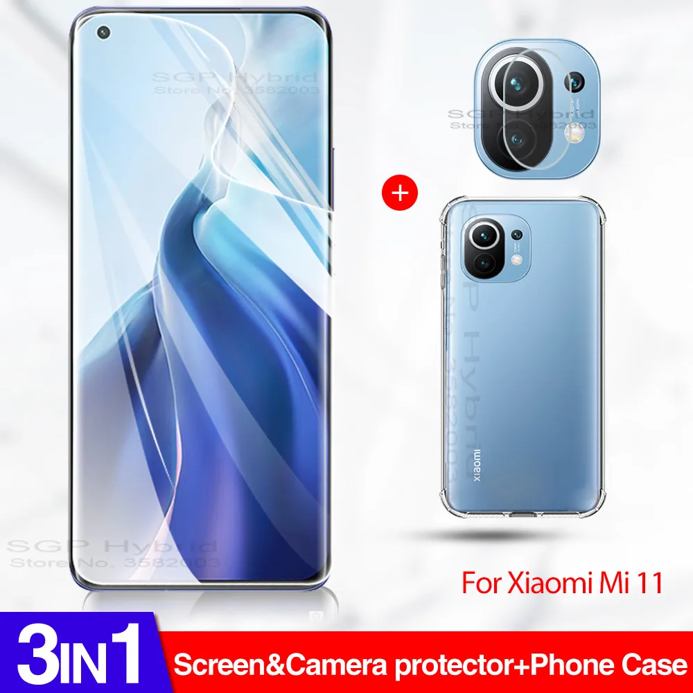 For xiaomi mi 11 Case 3in1 transparent case For xiaomi 11 xiaomi11 screen protector mi11 phone camera lens glass fims cover 6.81