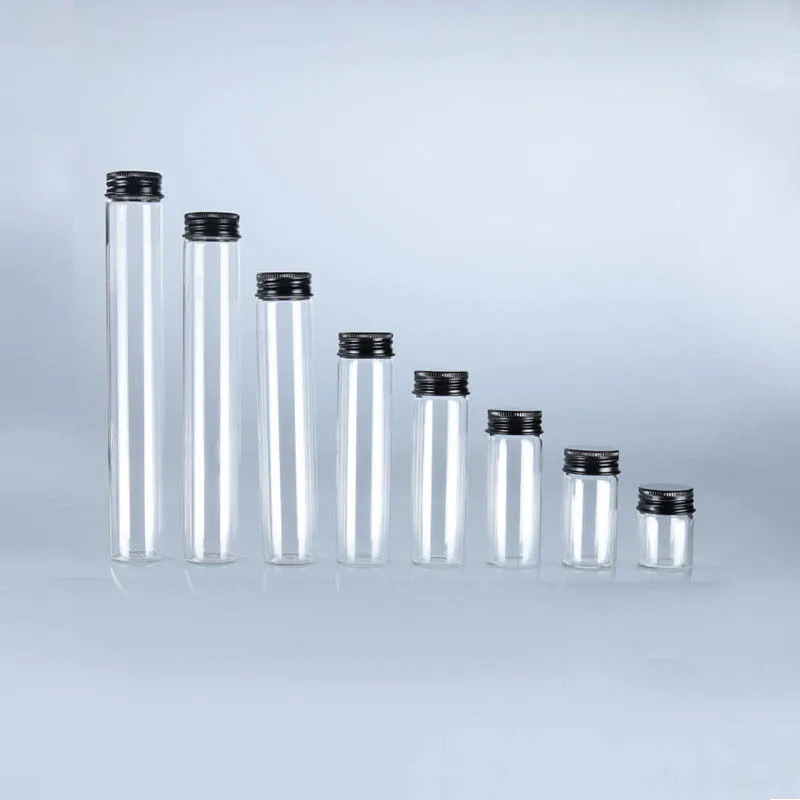 

360pcs/lot Empty Clear Glass Tubes with Black Aluminum Screw Cap15ml 30ml 40ml 50ml 60ml 80ml 100ml 110ml Test Sample Tube