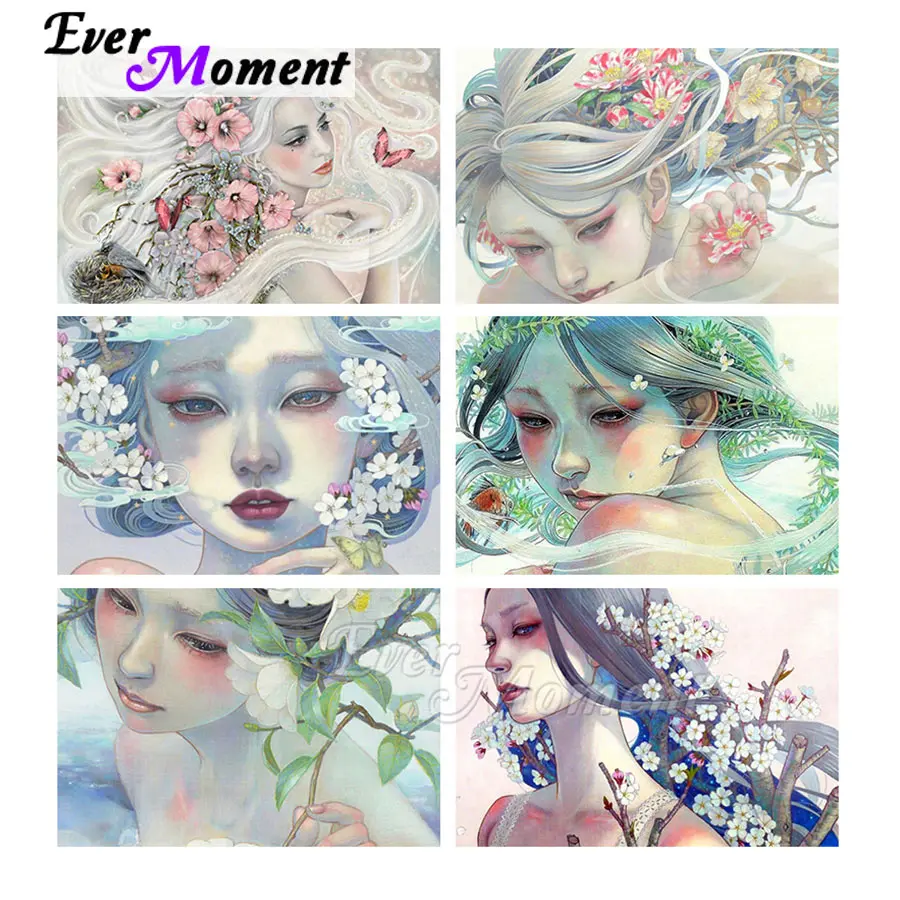 Ever Moment Diamond Painting Portrait Flower Full Square Resin Drill Diamond Embroidery Handmade Bedroom Wall Decoration ASF2111