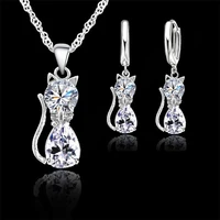 Real 925 Sterling Silver Color Jewelry Sets for Woman Girls Shining Austrian Crystal Cute Cat Pendant Necklace Huggie Earring 1