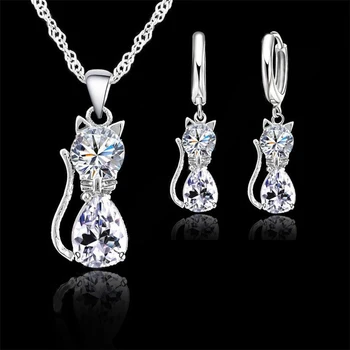 Real 925 Sterling Silver Color Jewelry Sets for Woman Girls Shining Austrian Crystal Cute Cat Pendant Necklace Huggie Earring 1