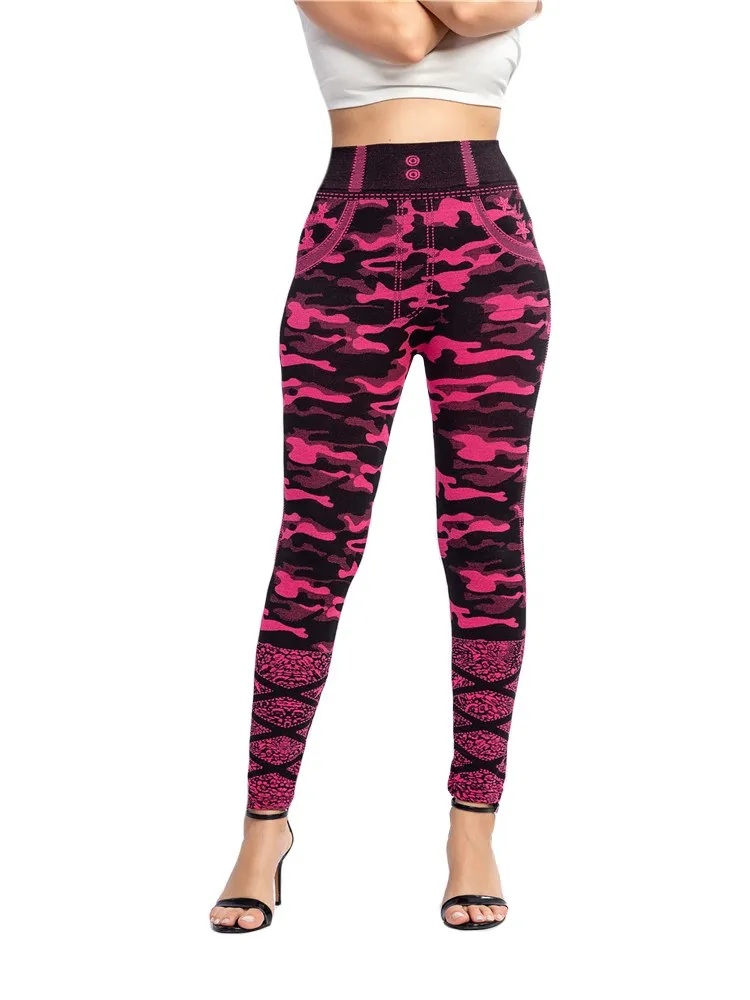 Ygyeeg falso calças de brim leggings mulheres estiramento camuflagem impresso tornozelo comprimento calças verão cintura alta camo sem costura esportes jeggings