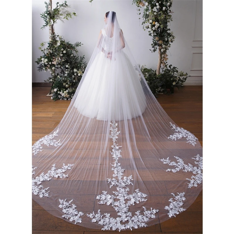 One Layer Long Ivory Bridal Veils Lace Appliques White Tulle Wedding Veils with Comb Cathedral for Brides 3 4 5 Metres Floral