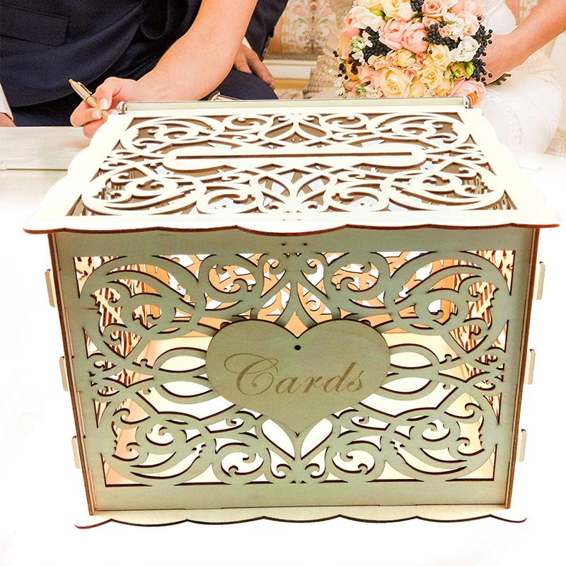 Wedding Card Boxes Wooden Box Wedding Decoration Supplies DIY Couple Deer Bird Flower Pattern Grid Invitation Gift Business Card