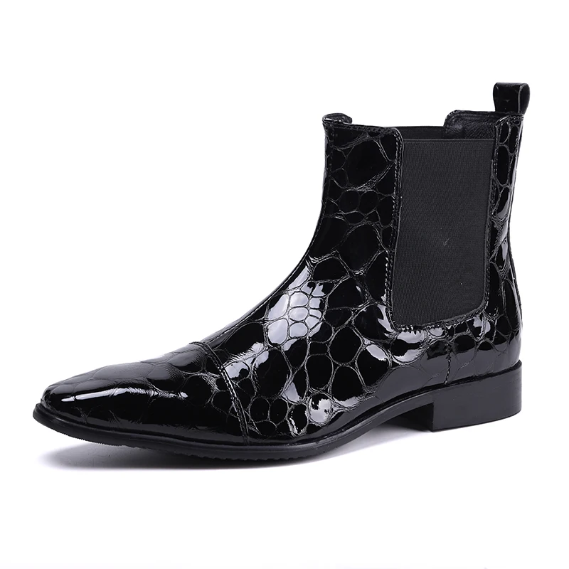 Spring Man High Boots Thick Heel Fashion boots Square head Patent Leather Bare Boots Chelsea Short Men\'s Boots