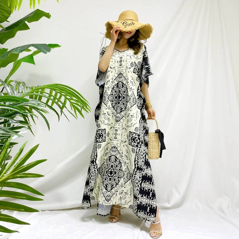 Tribe Shapeless Kaftan Totems Batik Print Oversized Caftan Women's Boho Maxi Dress Dubai Nighty Party Gown Beach Cover Up Tunic