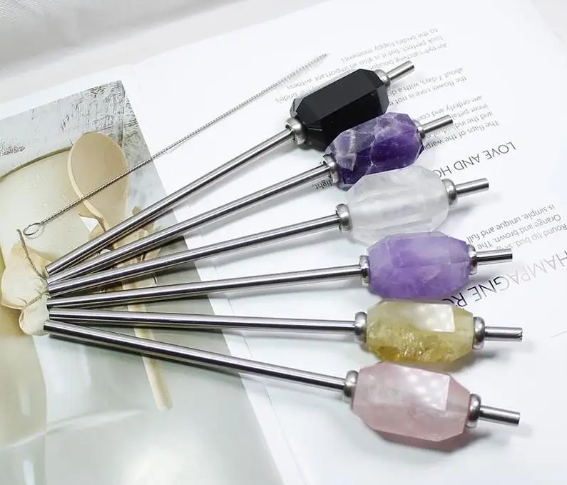 20pcs Eco-friendly Reusable Natural Crystal Drinking Straws Amethyst Stainless Steel Quartz Healing Stone Drink Straw With Brush