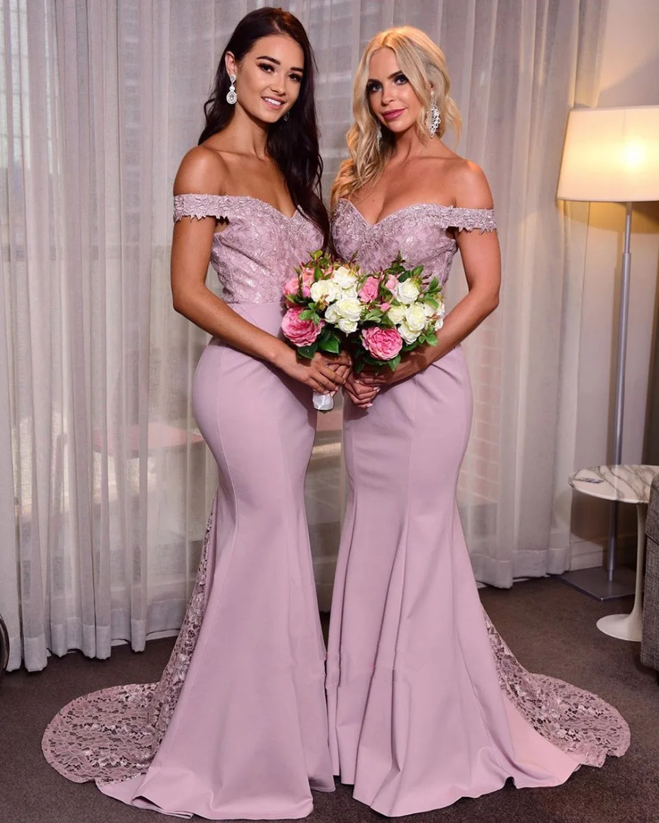 One-Shoulder Mermaid Gown Bridesmaid Dresses V-Neck Dress Plus Size New Lace Elastic Satin Prom Party Gown Applique