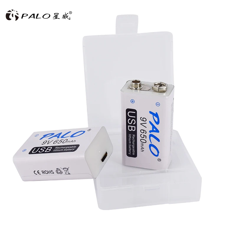 PALO-16-50 개 9V 충전식 배터리 650mAh 6F22 9v 리튬 이온 배터리, 마이크 스캐너 용 Usb 포트 포함 AVO 미터 멀티 미터 9V