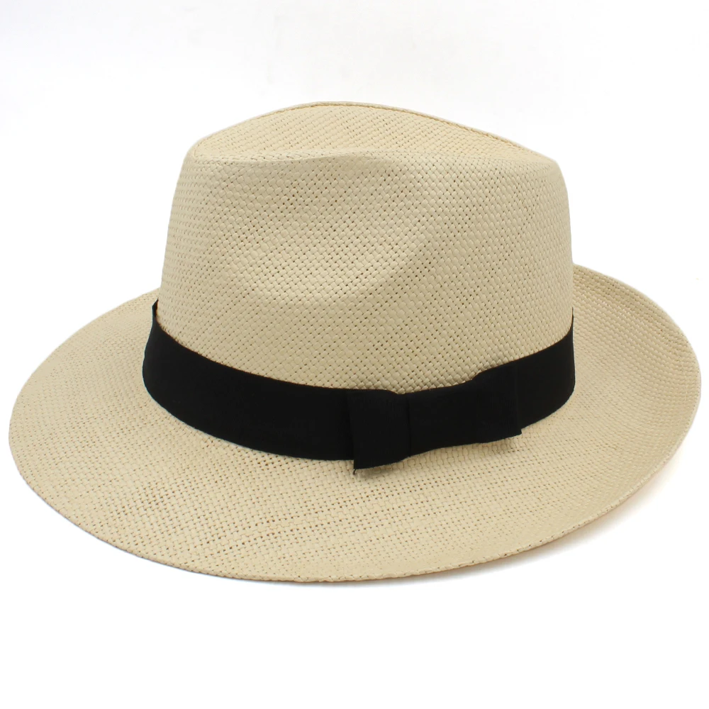 Men Women Straw Panama Hats Summer Fedora Sunhats Bowtie Band Party Trilby Caps Outdoor Sombrero Travel Size US 7 1/4 UK L