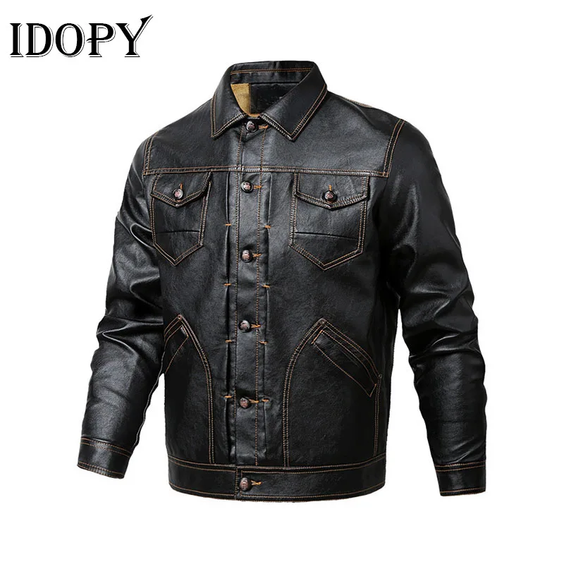 Idopy Autumn Winter Men's Faux Leather Jackets Coats Men Outerwear PU Leather Button Down Casual Size Plus Leather Coat