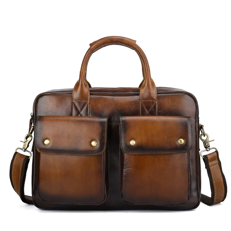 

New Luxury High Quality Cowhide Fashion Handmade Men's Business Casual Laptop Cow Leather Men's Bags Inclined Shoulder Bags