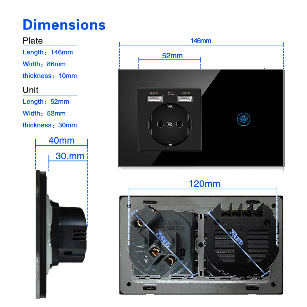Szaoju Touch Sensor Switch With EU Power Usb Socket Crystal Glass Panel White Black Gold Wall Socket With Light Switch 1/2/3Gang