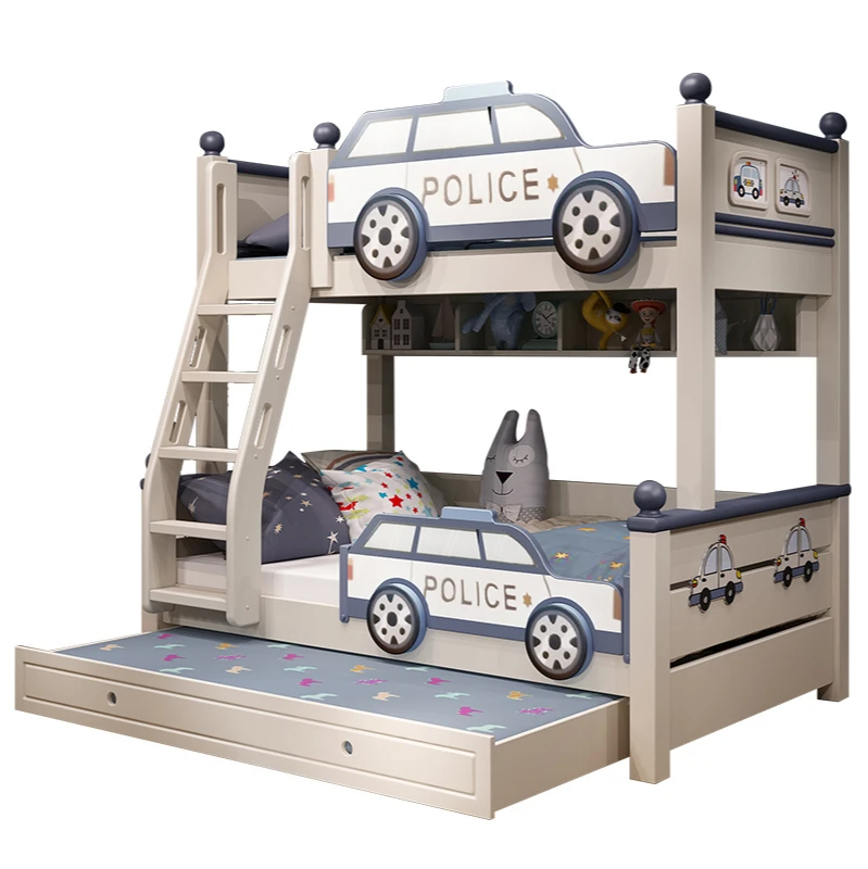 Full solid wood two-story children\'s bed boy up and down wooden bed bunk bed high and low bed mother bed police car bed slide