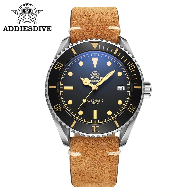 ADDIESDIVE Men\'s Watch Automatic NH35 Movement C3 Luminous 316L Stainless Steel Case Date Display Waterproof 200m Diving Watches