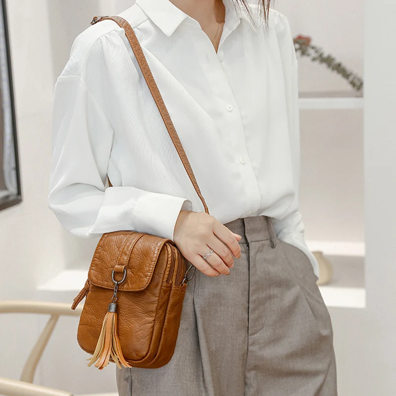 Soft Leather Crossbody Bags for Women High Quality Solid Color Tassel Shoulder Bag Retro Cell Phone Purse Handbags