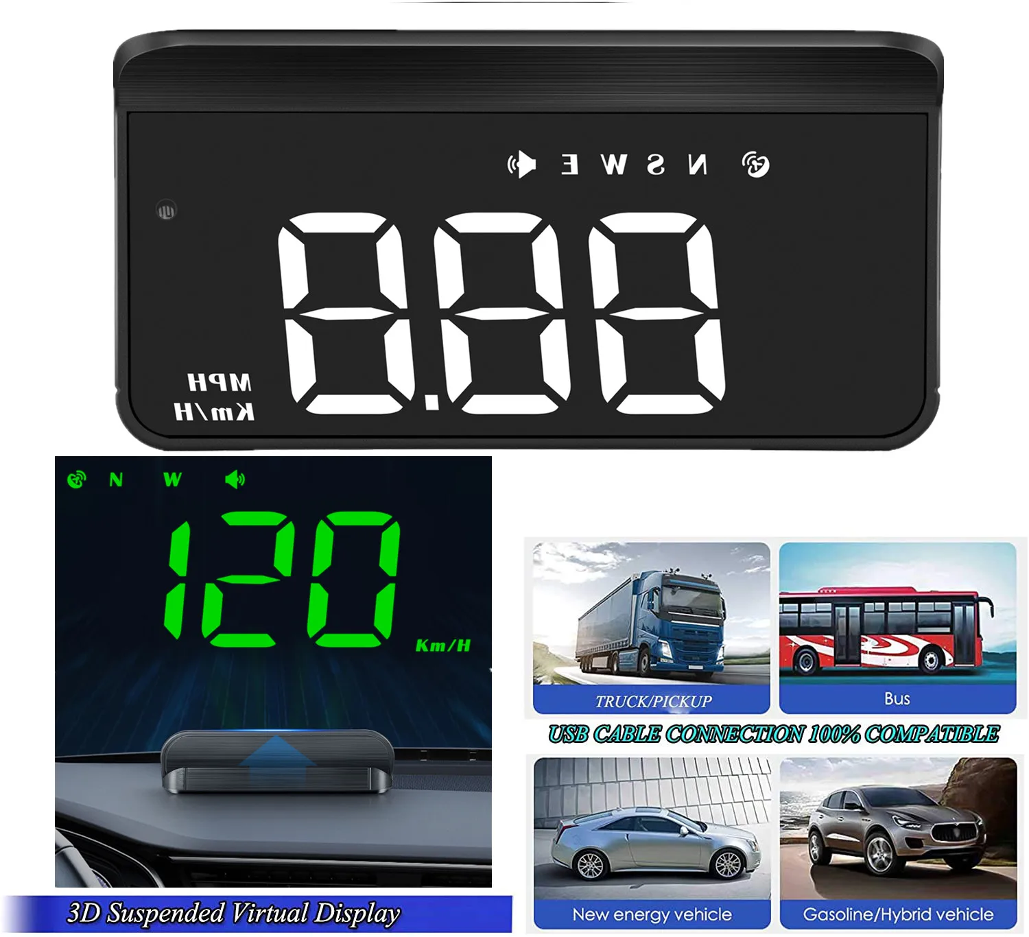 Car HUD GPS Gauge Head up Display Speedometer 3D Reflection Speed Compass Overspeed Alarm for All Cars SUV RV Pickup Truck Van