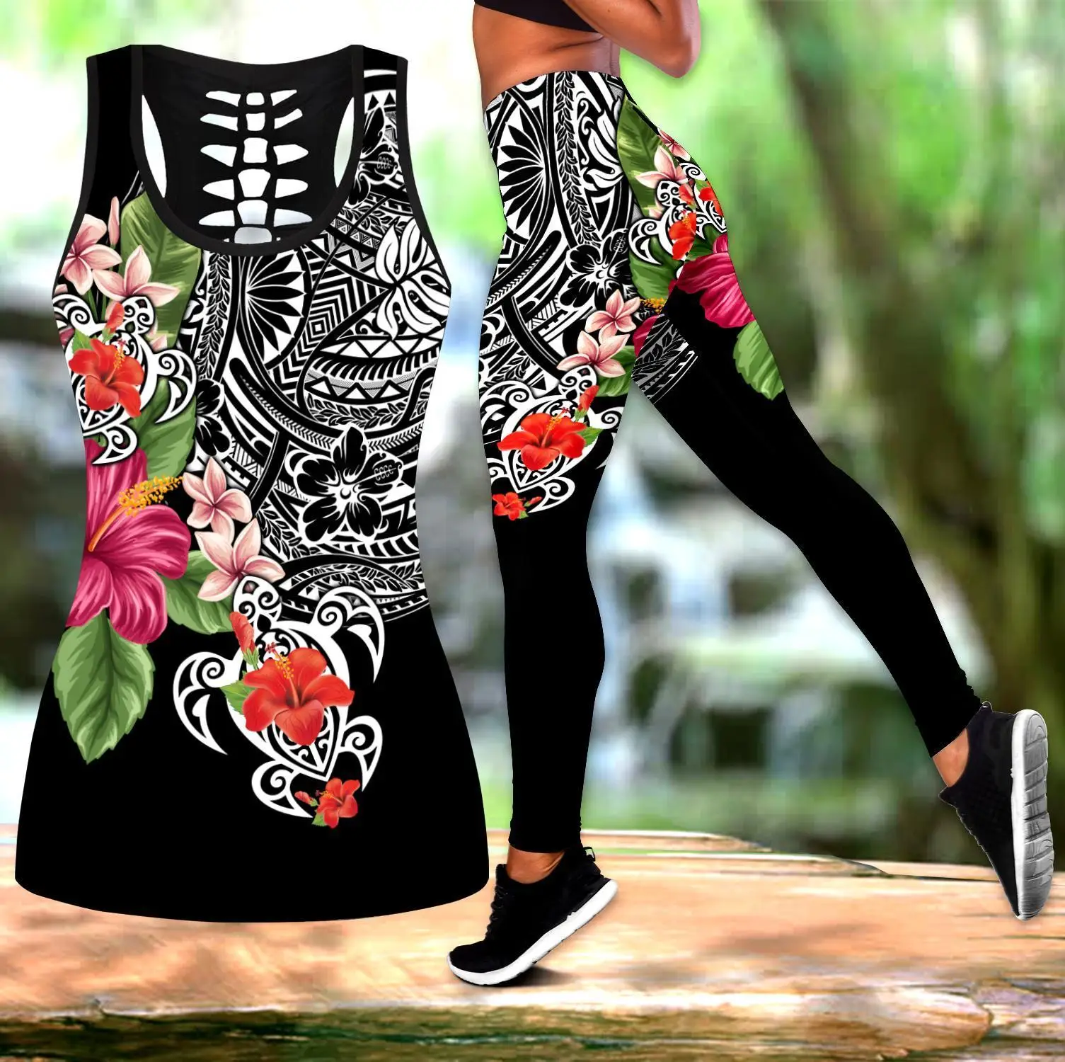 Polynesian Tattoo & Hibiscus 3D Printed Hollow Tank Top & Leggings Set Fitness Female Full Length Leggings Running Pants DDK82