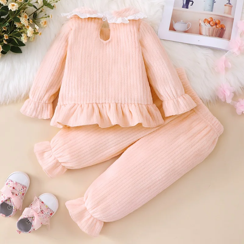 2024 Fall Winter Newborn Girl Set Baby Girl Clothes 2 Pcs Sweet Solid Long Sleeve Tops + Pants Baby Clothing Set 0-9 months old