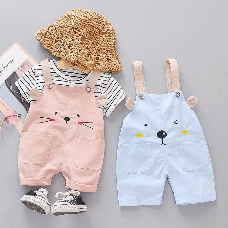 summer kids clothing new baby boy clothes sets cartoon short-sleeved striped T-shirt + shorts 2 piece boy girl suit