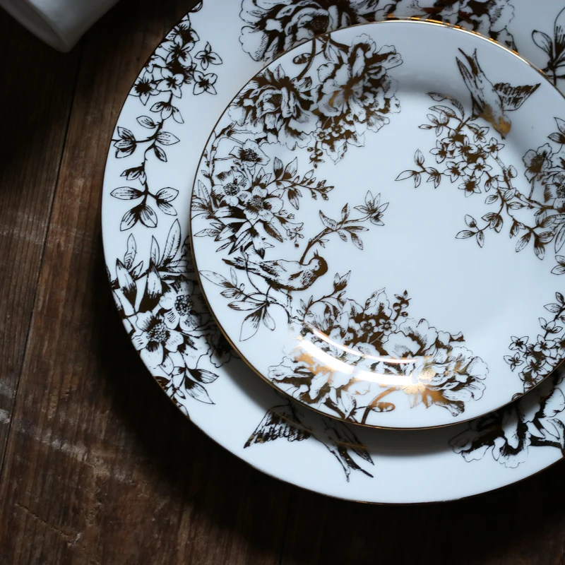 American Ceramic gold-plated branch leaf bird dinner plate / 10 inch 27cm plate / luxury gold plate