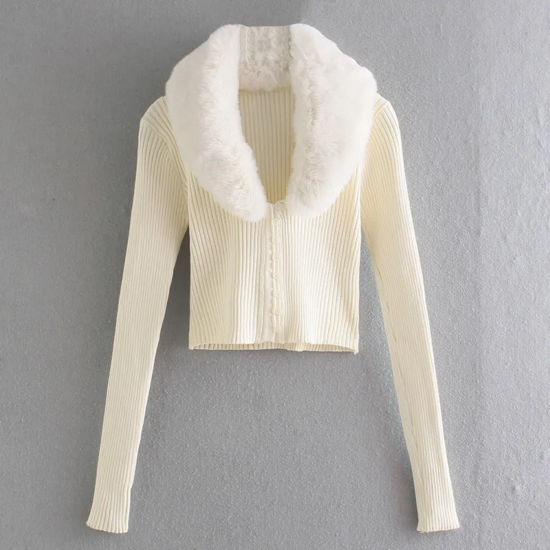 Temperament Short Knitted Solid V Neck Fur Collar Cardigan Single Buttons Long Sleeve Autumn Slim Sweater Knitted Cardigan Top
