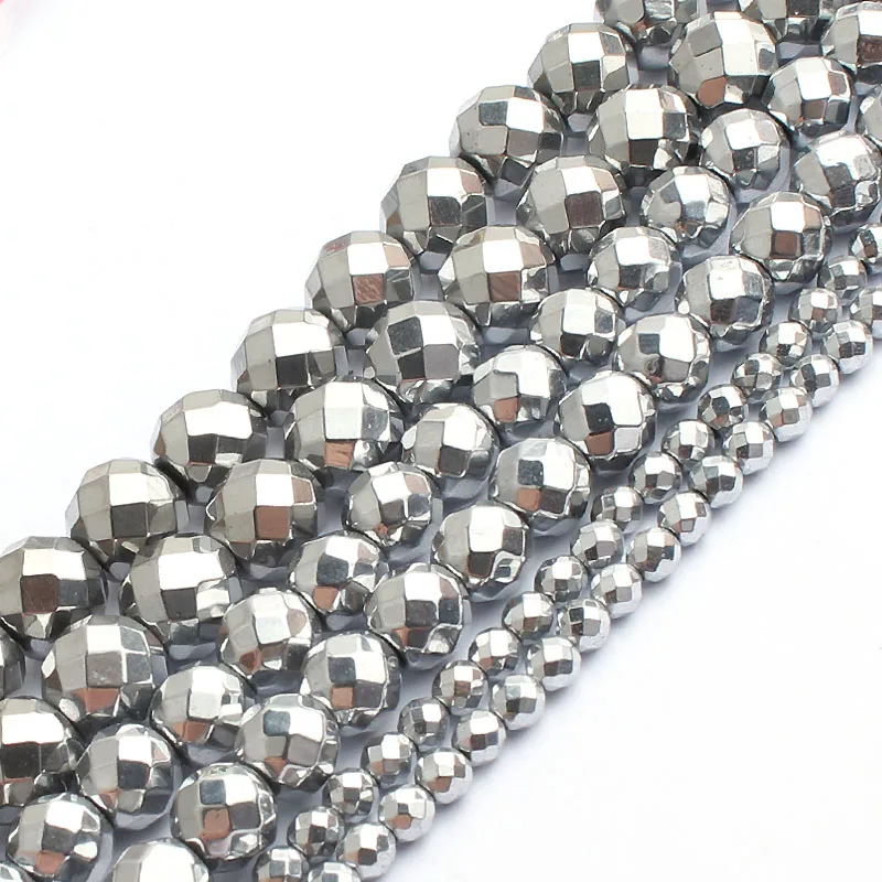 2/3/4/6/8/10mm Natural Silver-Plated Faceted Hematite Stone Beads Round loose Spacer Beads For Jewellery Making Bracelet 15 inch