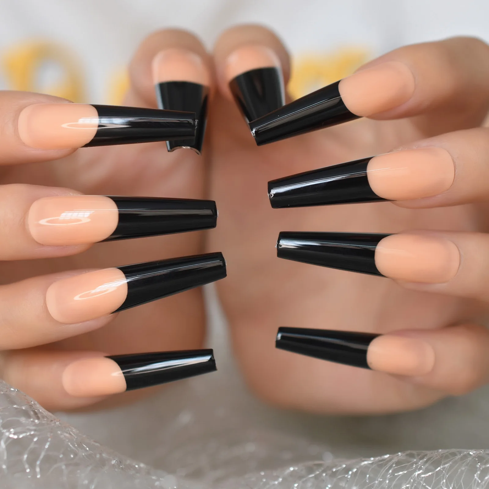 Extremely Long Coffin Press On Nails Beige Black French False Nail Tips Full Cover Glossy Ballerina Fake Finger Nails Manicure