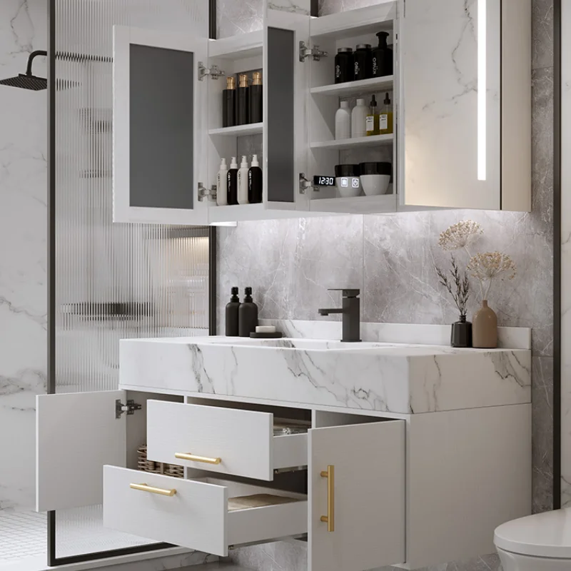 Light Luxury Bathroom Stone Plate Bathroom Cabinet Combination Modern Simple Hand Washing Washbasin Washstand Integrated Mirror