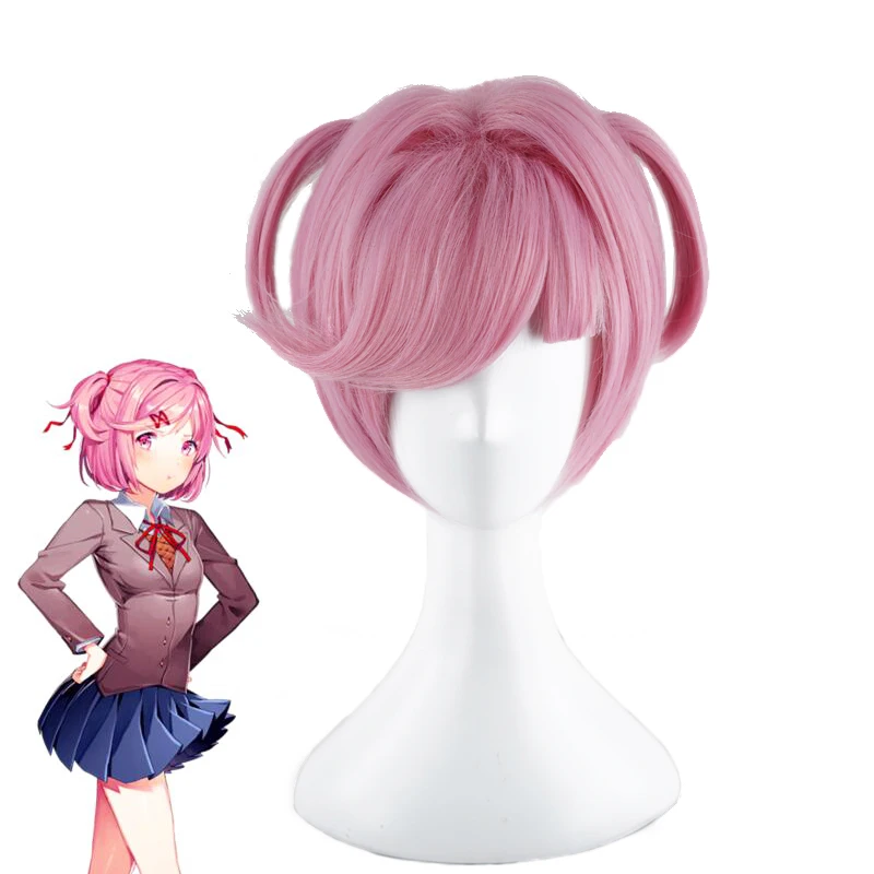 

Game DDLC Doki Doki Literature Club Natsuki Cosplay Wig Short Pink Heat Resistant Synthetic Hair Wig + Wig Cap