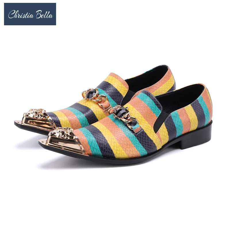 

Designer Stripe Print Men Genuine Leather Shoes Fashion Pointed Toe Slip on Nightclub Shoes Male Party Business Dress Shoes