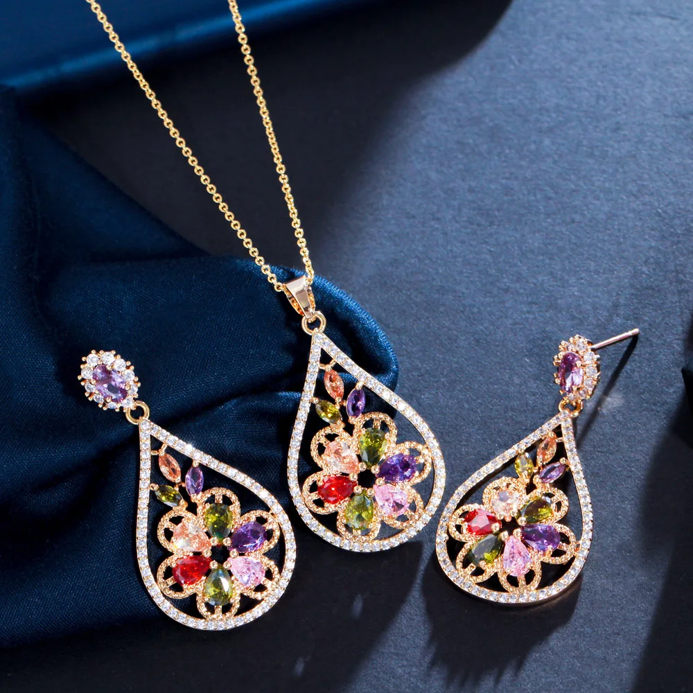 CWWZircons Dangle Drop Indian Yellow Gold Vintage Flower Jewelry Sets Multi Color Cubic Zirconia Earrings and Necklace Set T228