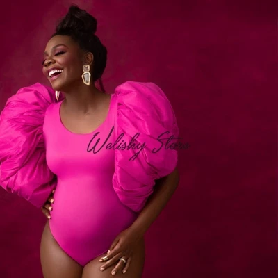 

High End Hot Pink Maternity Dress 2021 For Women Photo Shoot Puffy Sleeve Bodysuit South Africa Style Plus Size Women Outfits