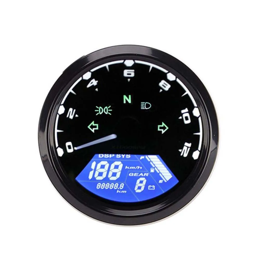 Universal Digital Motorcycle Speed Meter Odometer Tachometer Gauge Dual Speed LCD Screen for 1-4 Cylinders