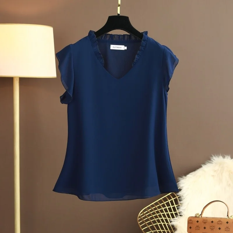 MOYISU Marke frauen Bluse 2022 Neue Sommer Kurzarm Einfarbig Chiffon Bluse V-ausschnitt Casual Bluse Plus Größe Weibliche tops