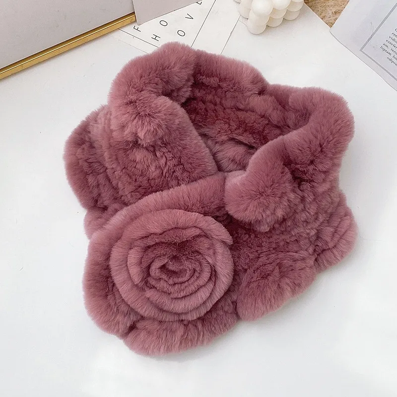 Ladies Winter Real Rex Rabbit Fur Hat Knitted Natural Flower Striped Natural Color Fluffy Hat Thicken Warm Scarf Hat Set Women