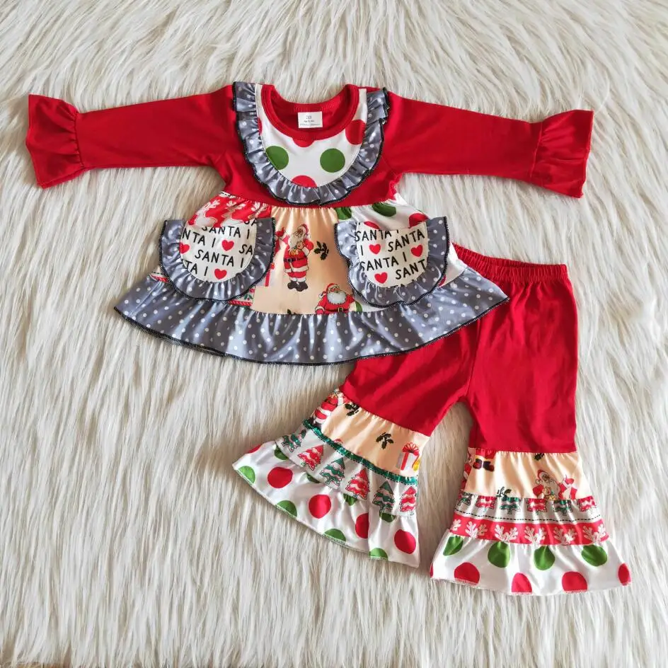 

Fall winter Christmas red outfits Baby girls long sleeve top with pocket bell bottom pants kids clothing sets wholesale boutique