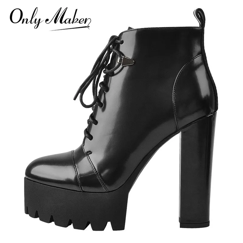 Onlymaker Platform Lace Up Round Toe Black  Patent Leather Chunky  High Heels Ankle Booties Big Size Lady Short Boots