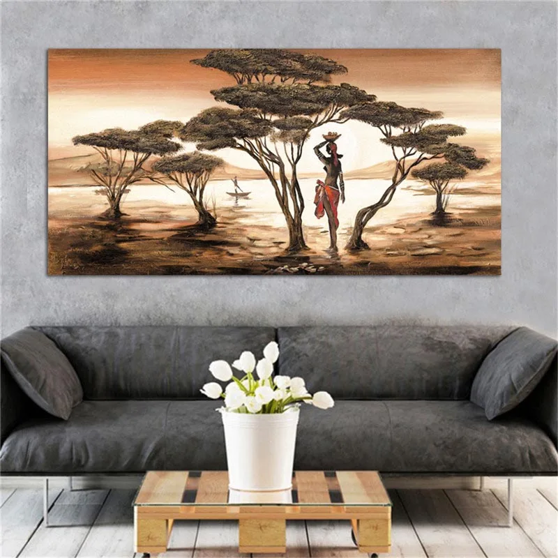 Pintura en lienzo de mujer y paisaje de arte africano, carteles e impresiones de figuras, imagen de pared para Cuadros, decoración de sala de estar, sin marco